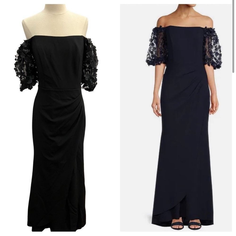 Stunning Black 3D Floral Applique Puff Sleeve Off the Shoulder Formal Gown